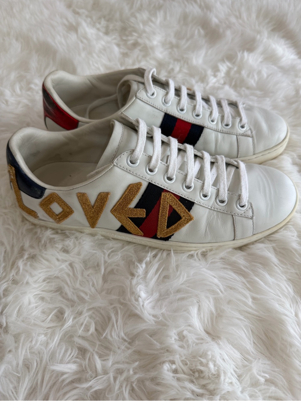 Gucci Ace Low "Loved" Sneakers White Leather Web Stripe Size 35.5 US 5.5